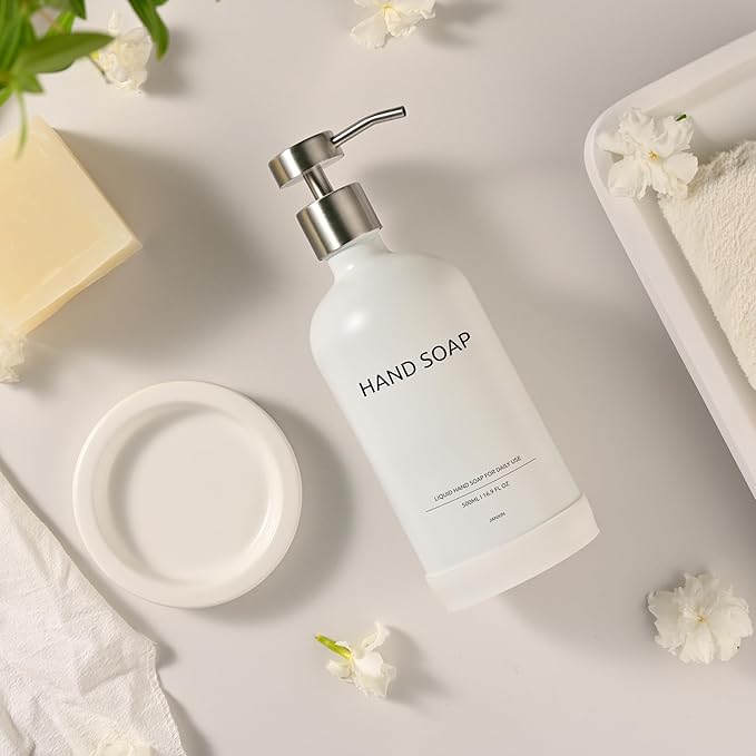 Glass Soap Dispenser Bathroom Set by Janxin, Foaming Kitchen soap Dispenser with Ceramic Tray for Dish Soap, Liquid Soap Dispenser for Hand Soap, Lotion, Body Wash (White+Silver)