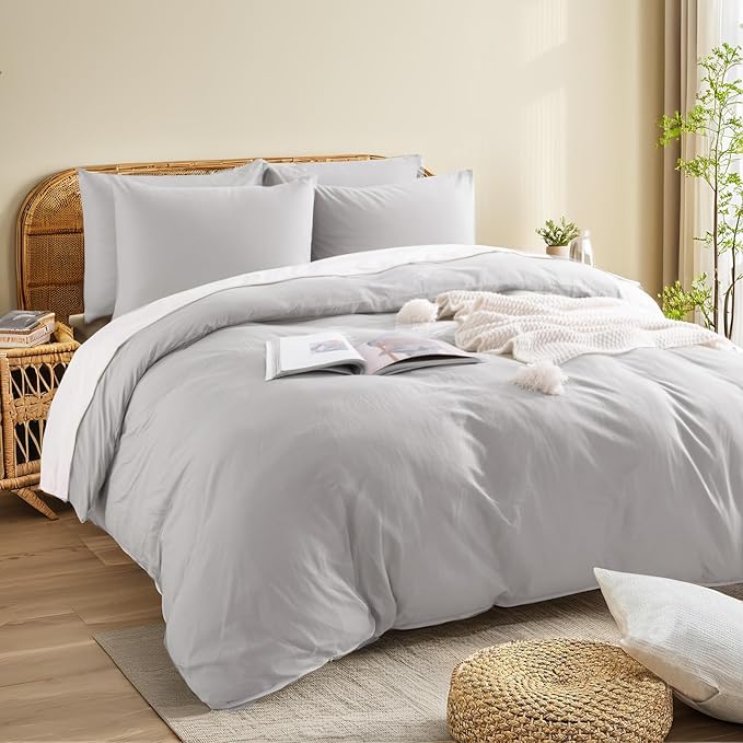 NEXHOME PRO Duvet Cover Set 100% Washed Cotton Full Size Linen Feel Textured Organic Natural 3 Pieces Bedding Set with Zipper Closure and Corner Ties, Breathable and Soft (Light Grey, No Comforter)