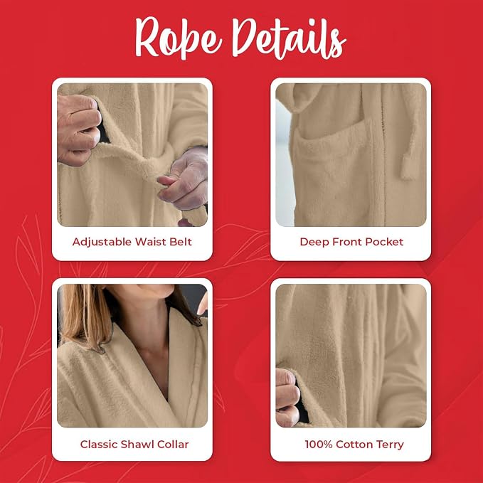 RIVERSIDE Premium 100% Cotton Terry Bathrobe For Women and Men - Soft Towel Robes with Shawl Collar Ajdustable Belt & Pockets