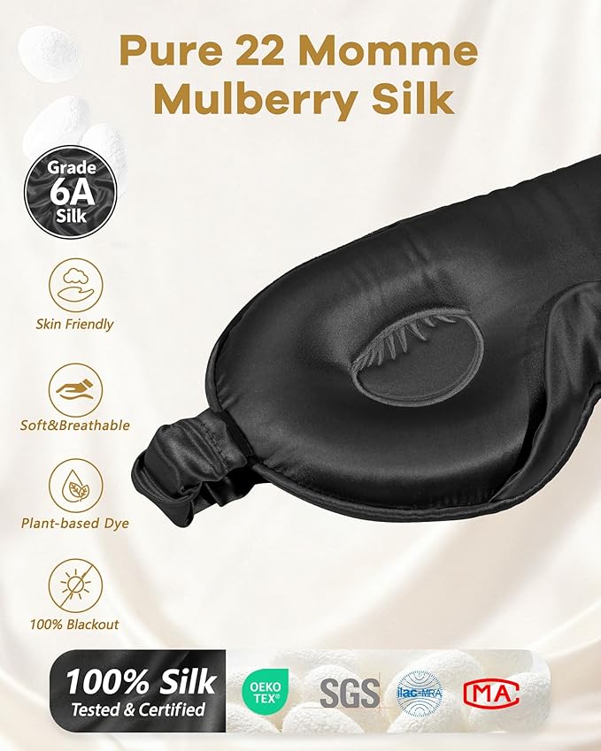 BeeVines Pure Silk 3D Contoured Sleep Mask for Women, Luxury 100% 22 Momme Mulberry Silk 3D Contoured Eye Mask for Lash Extensions, Zero Eye Pressure & Blackout(Black)