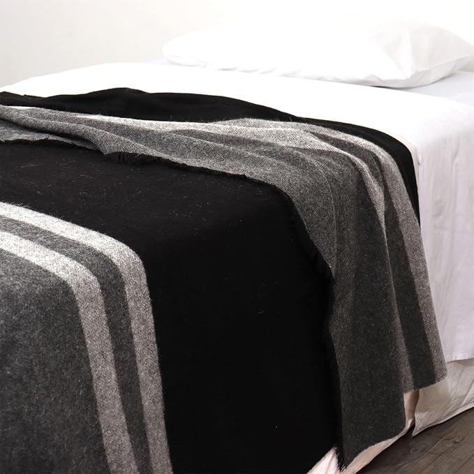 Superfine Alpaca Wool Throw Blanket - Lightweight Alpaca Merino Wool Throw Blankets | Soft Peruvian Alpaca Blanket Wool Blanket Striped Design 69" x 52" (Black/Gray)