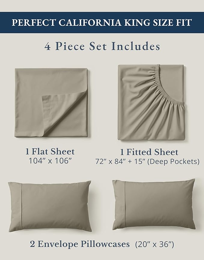 LANE LINEN 100% Organic Cotton California King Sheets Set, Fully Elasticized Reinforsed Seams in Fitted Pocket, Machine Washable Naturally Cooling All Season Cal King Sheet- Silver