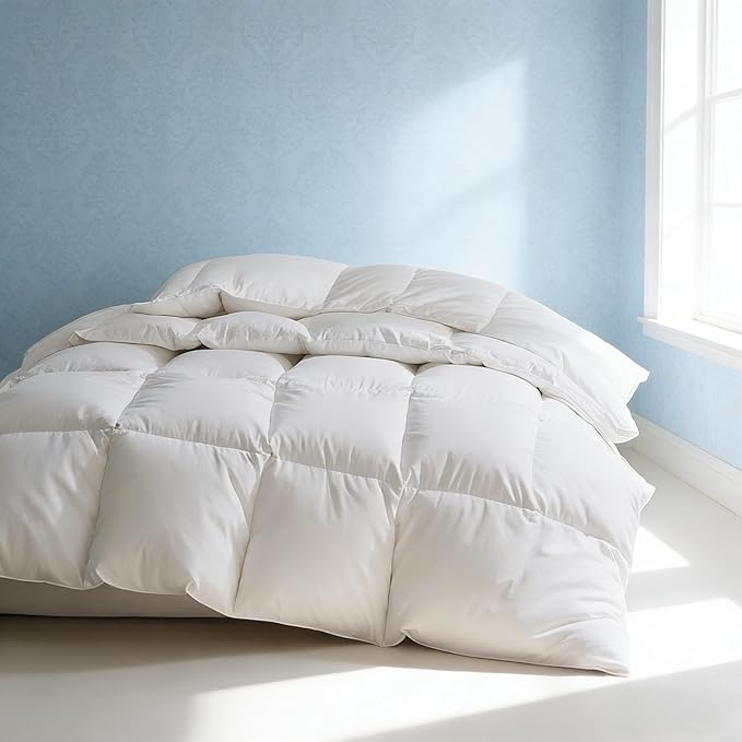 Martha Stewart Luxury White Goose Feathers Down Fiber Comforter Queen Size - Hotel Collection 100% Cotton Cover Duvet Insert, Light Warmth with 8 Corner Tabs, Breathable, Hypoallergenic, 90 x 90 Inch