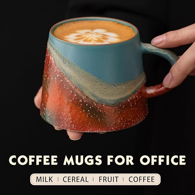 Vintage Coffee Mugs, 8 OZ Handmade Ceramic Coffee Mug with Handle, Pottery Coffee Cup for Morning Coffee, Tea & Latte, Lead-Free, Non-Toxic, Dishwasher & Microwave Safe for Home & Office.(Blue)