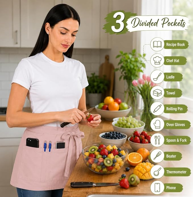 Waist Apron with 3 Pockets Waterdrop Resistant Premium Cotton Waitress Apron Server Apron Chef Apron (BLUSH PINK, PACK OF 1)