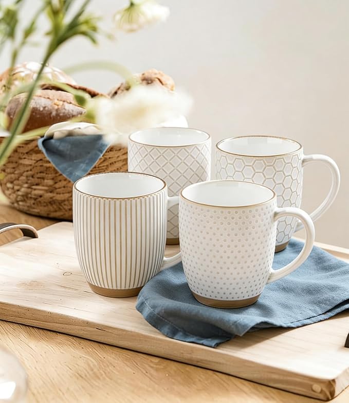 GBhome Large Coffee Mugs Set of 6, 16oz Handmade Embossed Coffee Mugs Set with Large Handle for Cappuccino/Latte/Tea/Hot Cocoa, Dishwasher & Microwave Safe, Off White