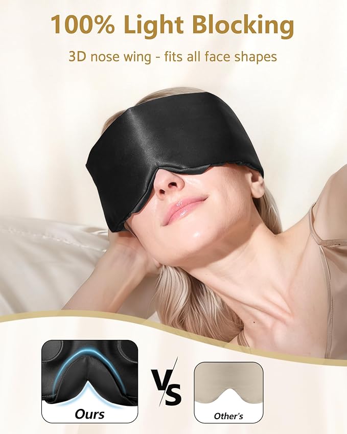 BeeVines 100% 22 Momme Silk 3D Sleep Mask for Men & Women, Luxury Silk 3D Contoured Eye Mask for Lash Extensions, Zero Pressure on Eyes & Blackout for Sleeping, Travel, with Adjustable Band