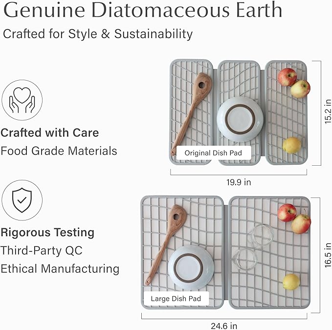 Dorai Home Dish Pad - Collapsable Stone Dish Drying Mat with Diatomaceous Earth for Quick Drying - Ultra Absorbent - Encased in Silicone - Eco-Friendly, Foldable - Large 24.6" x 16.5", Sandstone