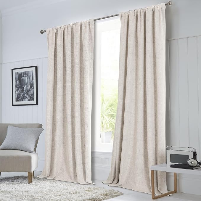 CUCRAF Linen 100% Blackout Curtains 84 Inch Length 2 Panels Set, Back Tab and Rod Pocket Curtain for Living Room Bedroom, Room Darkening Window Drapes Thermal Insulated, (52x84 inch, Greyish White)