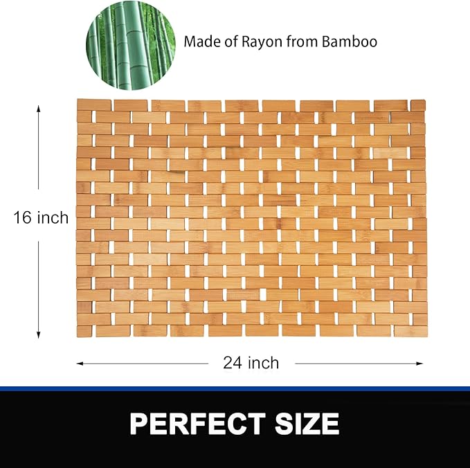 Bambo Bath Mat Bathroom Rugs Floor Wood Shower Bathtub Waterproof Non Slip Natural Accessories 16x24 Inch Easy to Clean, 2 pcs