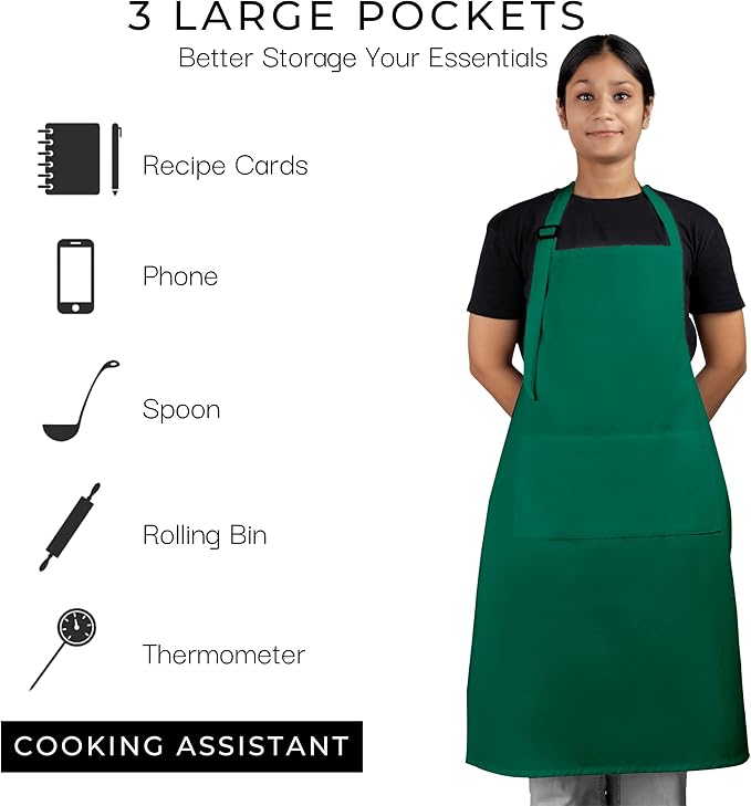 RAJRANG 100% Cotton Cooking Apron with 3 Pockets Kitchen Chef BBQ Adjustable Bib Aprons for Women Men