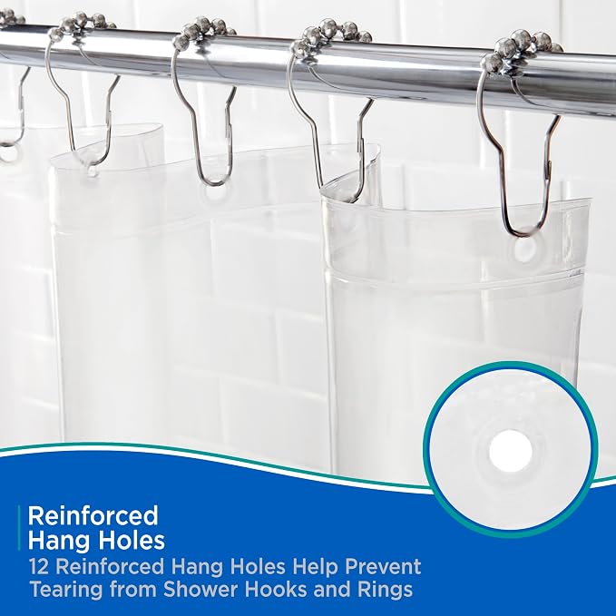 Kenney KN61433 Lightweight 3 Gauge Waterproof PEVA Shower Curtain Liner with Durable Eyelet Hang Holes and Weighted Magnetic Hem for Bathroom, 70" W x 72" H, Clear, 1-Pack