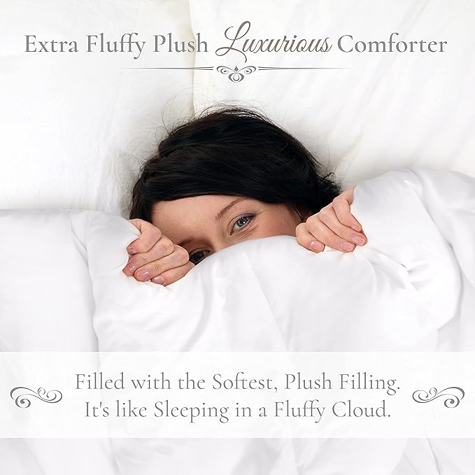 Down Alternative Comforter Queen Size - Fluffy Duvet Insert - Puffy Premium All Season Winter - Luxury Breathable Hotel Plush Comforter - Queen, White, 86x86 inches - Eco-Compressed Packing