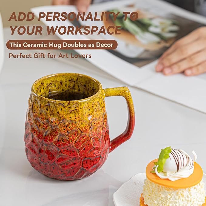 18oz Unique Yellow & Red Kiln-Change Ceramic Coffee Mug, Handcrafted Hammered Texture Ceramic Mug with Ergonomic Handle, Microwave & Dishwasher Safe, Gift for Coffee Lovers, Home Office Daily Use