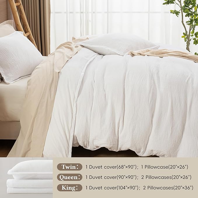 David's Home 100% Cotton Muslin Duvet Cover Set Queen Size,3 Pcs Ultra Soft Breathable & Lightweight Gauze Bedding Set with 2 Pillowcases,Textured Home Decor with Button, 90"×90" White,No Insert