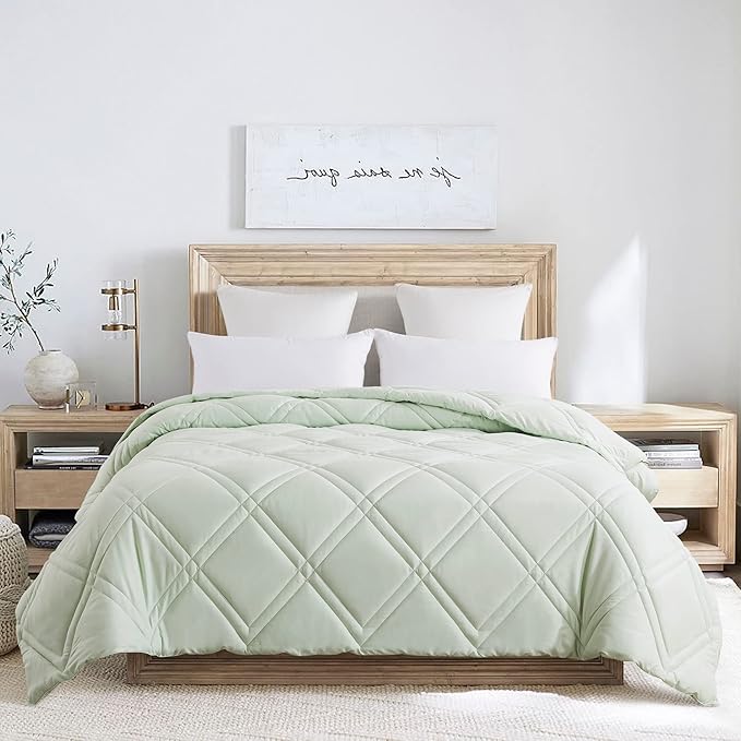 Feather and Loom Double Diamond Stitch Down Alternative All Season Comforter - Soft and Easy Care Microfiber Cover, Hypoallergenic High Loft Fill, Machine Wash Color: Green | Size: Full/Queen