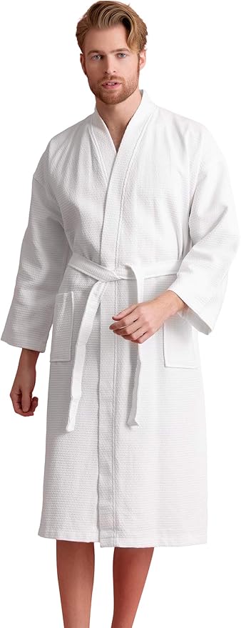 Men's Luxury Waffle Weaved Cotton Bathrobe - Lightweight & Soft - Quick Dry & Absorbent - Spa Robe for Men