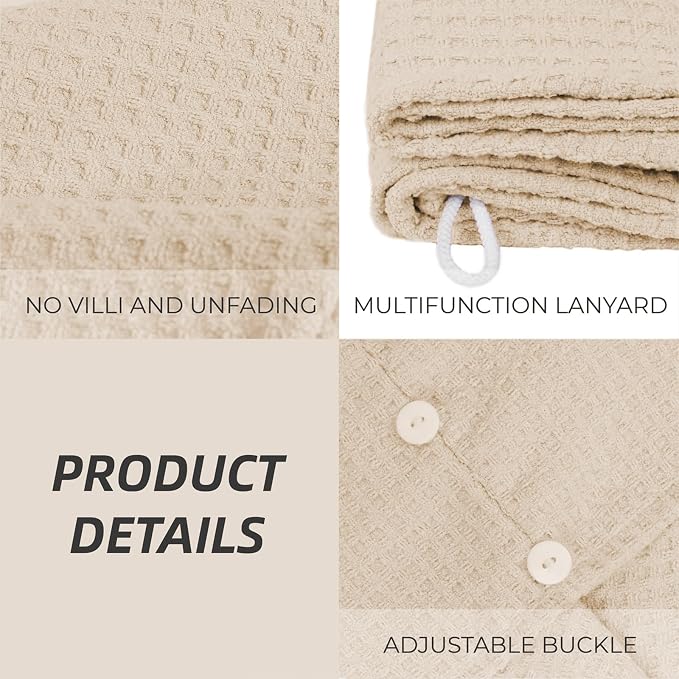 Microfiber Hair Drying Towel with Button 1Pack Khaki Waffle Long Hair Head Wraps Twist Plopping Curly Shower Turban Terry Cloth Fast Absorbent Dry Anti Frizz Hair Wraps for Women Wet Hair