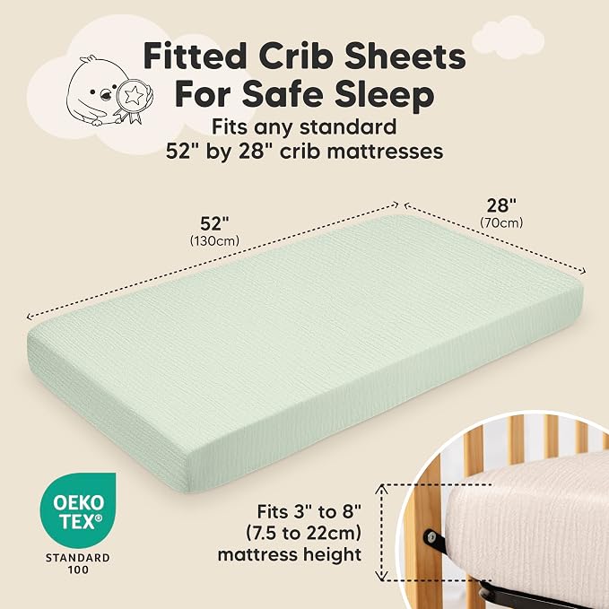 KeaBabies 2-Pack Muslin Crib Sheets for Boys, Girls - 100% Organic Cotton Fitted Baby Crib Mattress Sheet, Soft Breathable Standard Toddler Bed Cover Bedding Set, Neutral, Durable 52x28 (Sage)