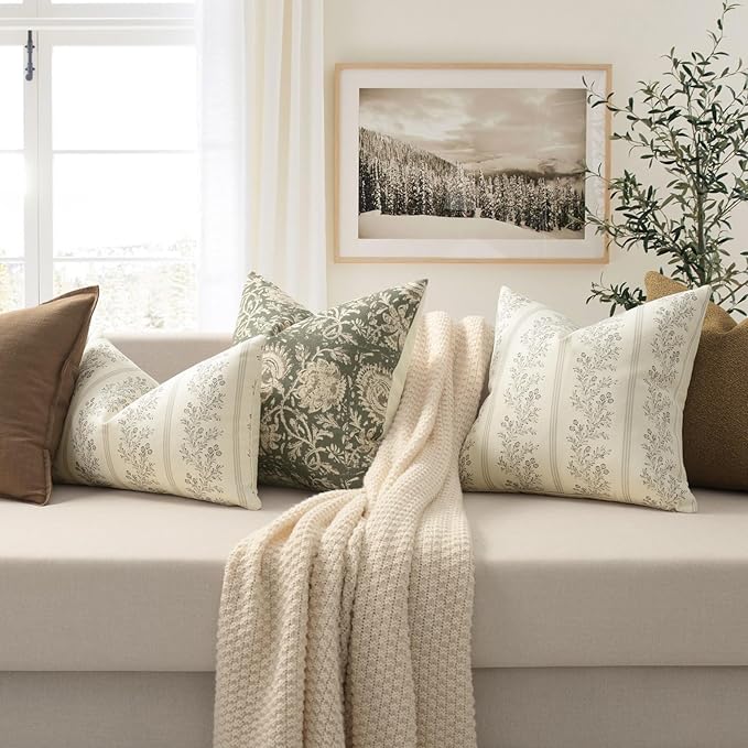 Vintage Throw Pillow Covers 22x22 Set of 2, Striped Floral Pillow Cover Botanical Patterned Decorative Cushion Covers Modern Farmhouse Home Decor for Sofa Couch Bed Living Room, Light Taupe