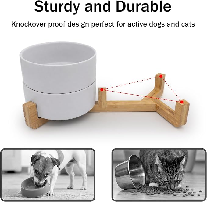 MateeyLife Ceramic Dog and Cat Bowls with Stand, 2-Pack Food and Water Bowl Set - Non-Slip Pet Bowls for Small & Medium Size Dogs，28.7OZ(White)