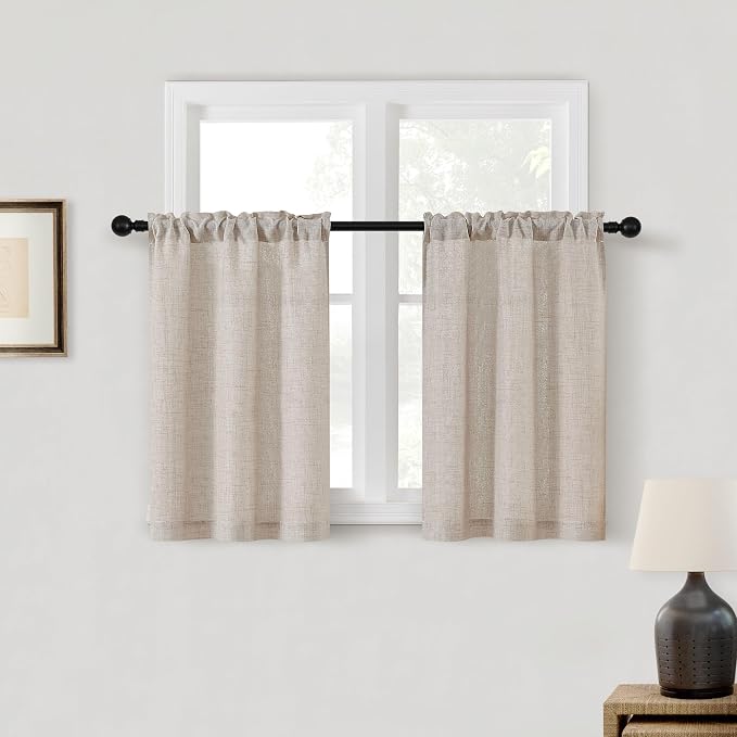 Semi Sheer Kitchen 24 Inch Curtains for Windows Flax Linen Elegant Boho Farmhouse Drapes Short 2 Panels Set Light Filtering Tan Beige Cafe Curtains for Bathroom Laundry RV Rod Pocket W25xL24