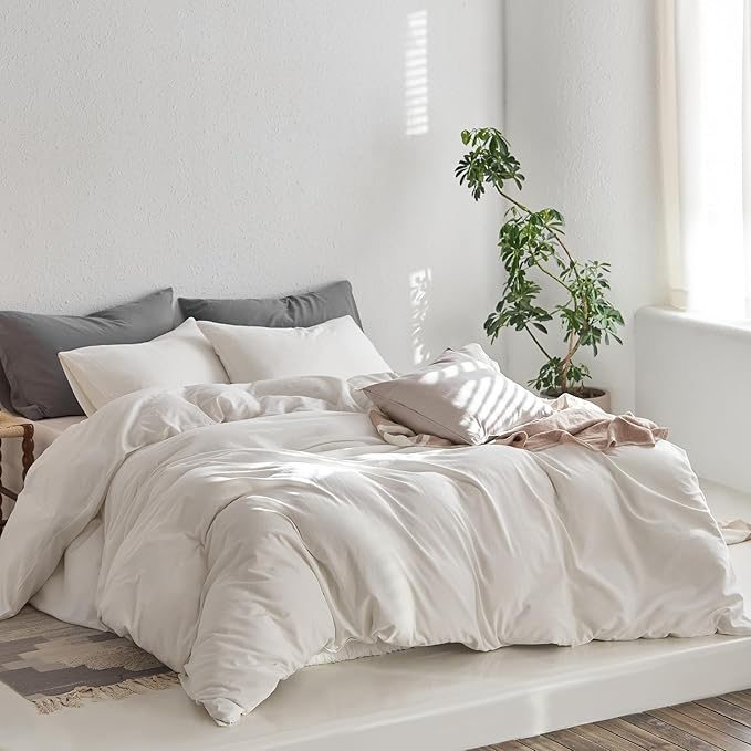 MooMee King Duvet Cover Set, 100% Washed Cotton Linen Like Twill Thick Sturdy Material Super Soft Breathable Durable Bedding for All Season, 3 Pieces (Off White, King 104"x90")