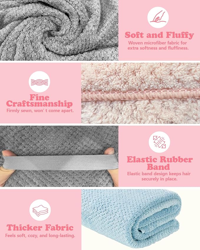 2-Pack Microfiber Hair Towel - 39" x 24" Super Absorbent, Fast Drying Hair Towel Wrap for Women Long, Curly Hair - Turbans with Elastic Strap for Travel, Gym & Workouts