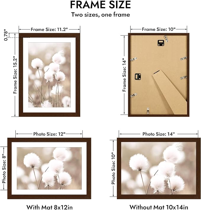 Hongkee 10x14 Oak Wood Picture Frame 1 Pack(Matted 8x12), Real Glass Cover | Walnut, 10 x 14 Solid Wood Frame for Wall or Tabletop Display - Includes Easel Back, Vertical Hang - Ideal for Home, Office
