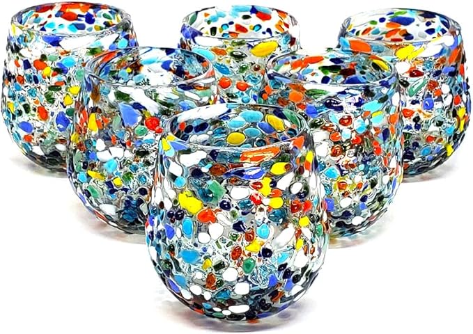 Confetti Rocks 16 oz Stemless Wine Glasses (set of 6), Recycled Glass, Lead-free, Toxin-Free (16oz Stemless)