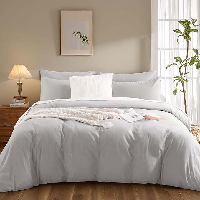 NEXHOME PRO Duvet Cover Set Queen Size Linen Feel Textured Organic Natural 100% Washed Cotton Duvet Cover 3 Pieces Bedding Set with Zipper Closure, Breathable, Soft, Light Grey (No Comforter)