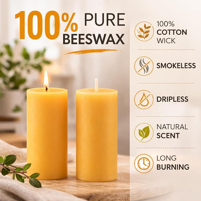 5 Natural Beeswax Pillar Candles, 100% Pure Natural Non Toxic Bees Wax,Long Burning for 175 Hours, Smokeless and Dripless, Yellow Beeswax Candles Bulk for Home, Emergency, Prayer, 2x4 Inches