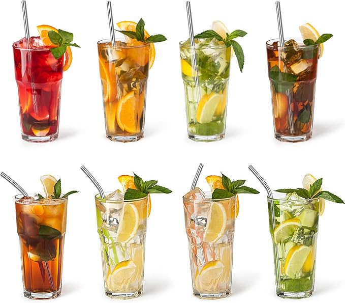 16 Pack 8.5 Inch Reusable Stainless Steel Straws Individually Wrapped,8 Bent + 8 Straight + 16 Cleaning Brushes,Cold Drinking Stainless Steel Straws