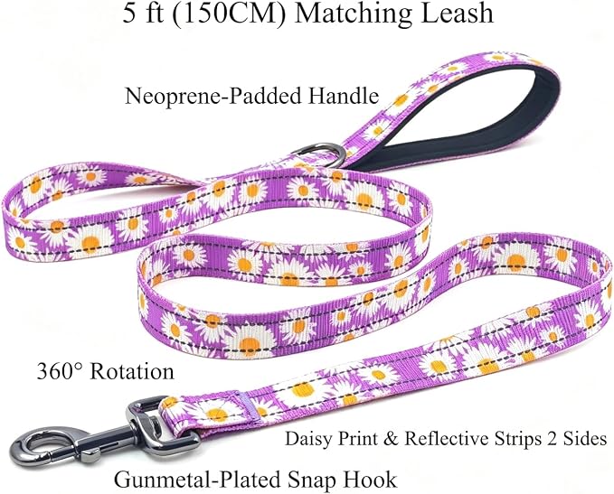 Dog Collar Leash Set, Floral Pattern, with Safety Reflective Strips, 5 ft Matching Leash, Neoprene Padded Handle, Adjustable 4 Sizes for Small Medium Large Dogs.(S, Purple Daisy)