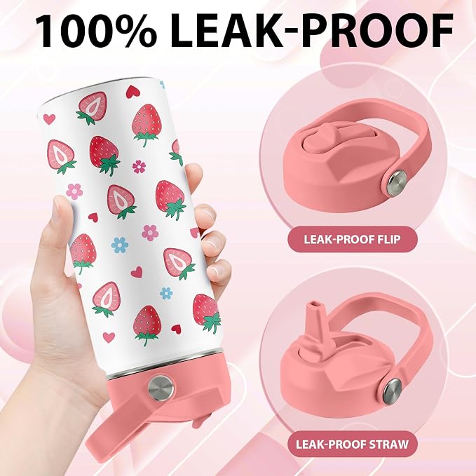 16 oz Water Bottle with Straw Lid, 2 Pack Set, Strawberry Mermaid Gifts for Girls, Stainless Steel Insulated Water Bottles for School Travel Outdoor Sports, Pink Cups Birthday Gifts
