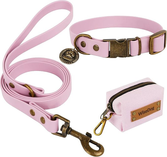 Wisedog Waterproof Dog Collar and Leash Set, S, Pale Pinkish Purple | Adjustable Puppy Collar, Cute Tag, 4FT Dog Leash, Poop Bag Included, Small Medium Large Dogs
