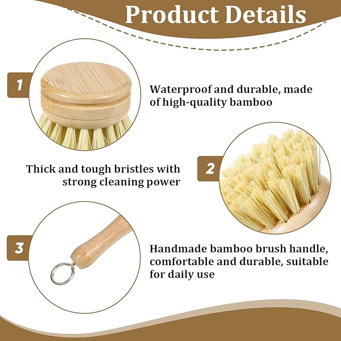 8 Pcs Bamboo Dish Brush with Handle, Natural Sisal Bristle Scrubber Includes 7 Replacement Brush Heads Wooden Kitchen Dish Brushes for Pots, Pans, Bowls, Dishes Cleaning