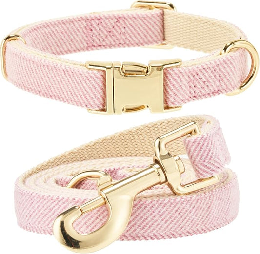 Luxury Soft Cotton Tweed Fabric Dog Collar & Leash Set with Gold Buckle – Durable Fabric, Stylish Design for Everyday Walks(Medium Pink)