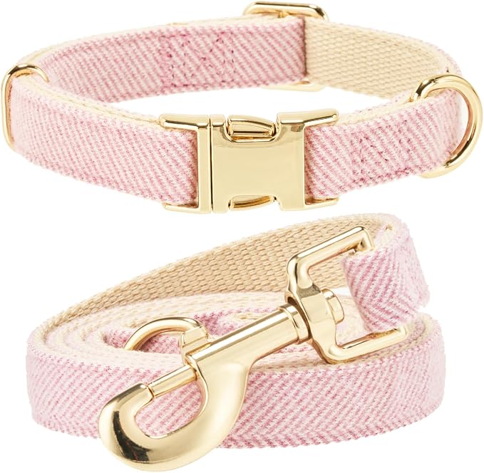 Luxury Soft Cotton Tweed Fabric Dog Collar & Leash Set with Gold Buckle – Durable Fabric, Stylish Design for Everyday Walks(Large Pink)