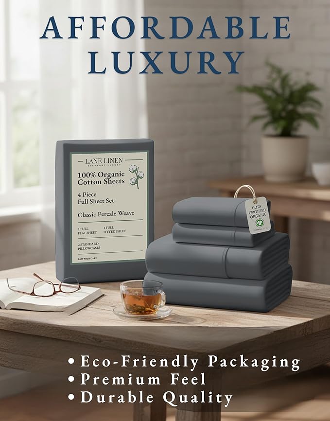 LANE LINEN 100% Organic Cotton Full Size Sheets, Hotel Like Crisp Percale Low Pill Fade Resistant Reinforsed Seam Cotton Sheets, Naturally Cooling 15" Deep Pocket Full Bedding Set- Charcoal