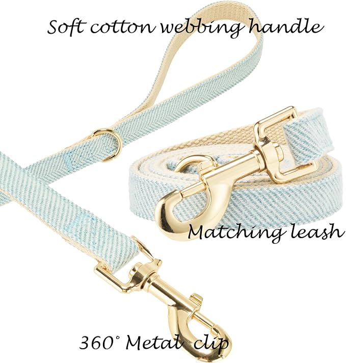 Luxury Soft Cotton Tweed Fabric Dog Collar & Leash Set with Gold Buckle – Durable Fabric, Stylish Design for Everyday Walks(Medium LtBlue)