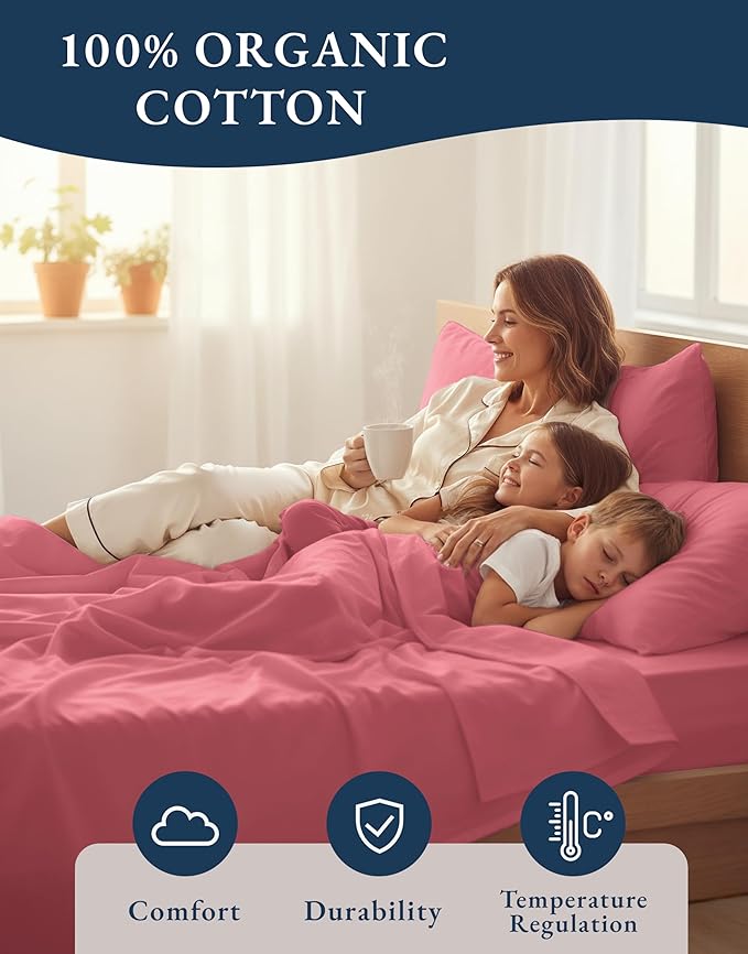 LANE LINEN 100% Organic Cotton Bed Sheets Full Size, Fully Elasticized Sustainably Produced Soft & Comfy, Machine Washable Naturally Cooling Full Sheet Deep Pocket Bedding - Mineral Red