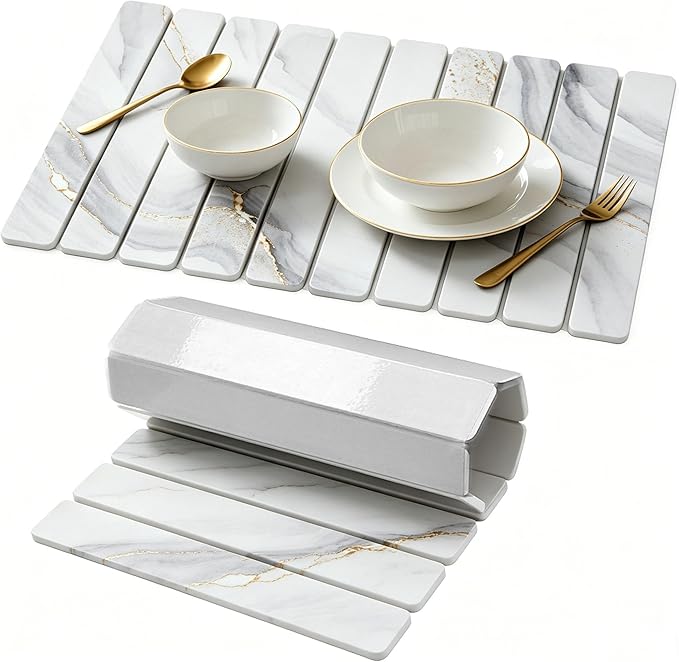 Stone Drying Mat for Kitchen Counter, Quick Diatomaceous Earth Mats for Dishes, 24"L x 16" W Super Absorbent Fast-Drying Collapsible Countertop Stone Mat (Marble White-04, 24" x 16")