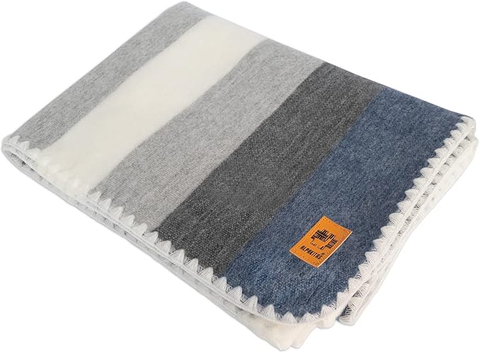 ALPAKITAS Alpaca Wool Blanket – Twin Size, 75 x 38 Inches – Warm & Lightweight – Couch, Bed, or Outdoor Blanket – Gray & Blue