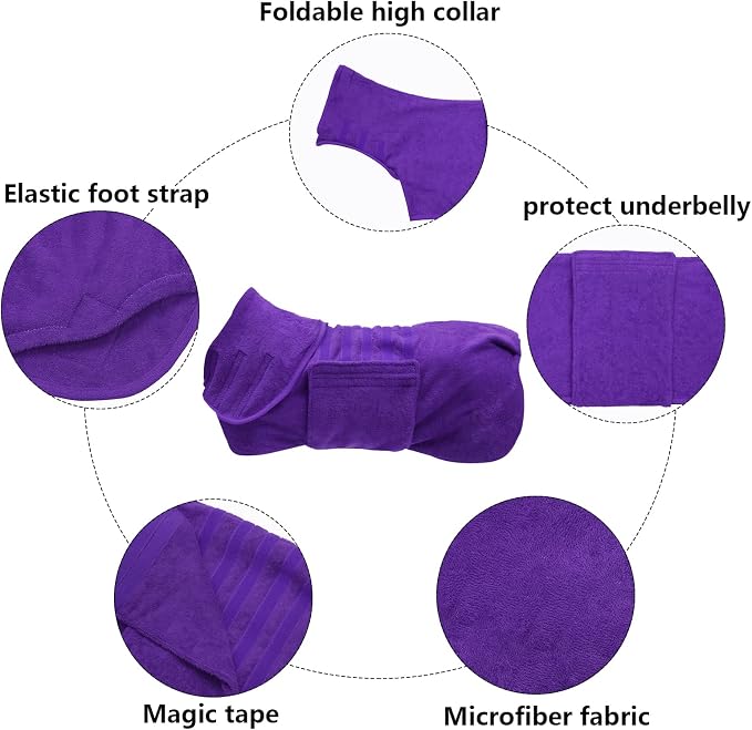Geyecete Dog Drying Coat - Fast Drying Dog Bathrobe Towel - Microfibre Super Absorbent Pet Cat Bath Robe, Luxuriously Soft Purple XL