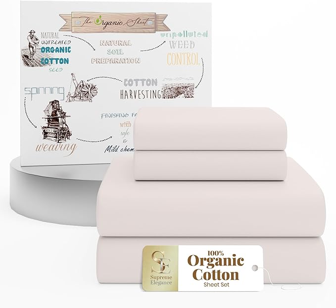 Supreme Elegance 4Pcs 100% Organic Cotton King Size Bed Sheets Set - Cooling Percale Weave for Hot Sleepers - Brushed for Softness - Crisp & Breathable Sheets Set - 16" Deep Pocket Fitted Sheet, Blush