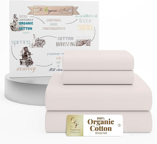 SUPREME ELEGANCE 100% Organic Cotton Queen Sheet Set (4 Pieces) - Percale - Crisp, Breathable & Cooling Sheets for Hot Sleepers - Brushed for Softness - Includes 16" Deep Pocket Fitted Sheet - Blush