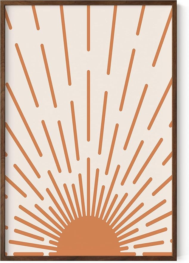 Minimalist Sunburst Wall Art Abstract Geometric Arch Earth Tones Terracotta Mid Century Modern 24x36 Inch Oak Wood Walnut Framed Boho Sunrise Print for Bedroom Living Room Decor