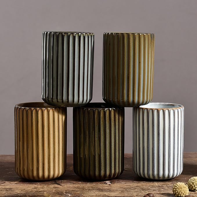 Vinitage Ceramic Mug, Japanese Tea Cup 10oz Striped Cup No Handle Drinking Cup for Latte Milk Water Beverage Juice Microwave and Dishwasher Safe, Kiln Transformation Cup (Green)