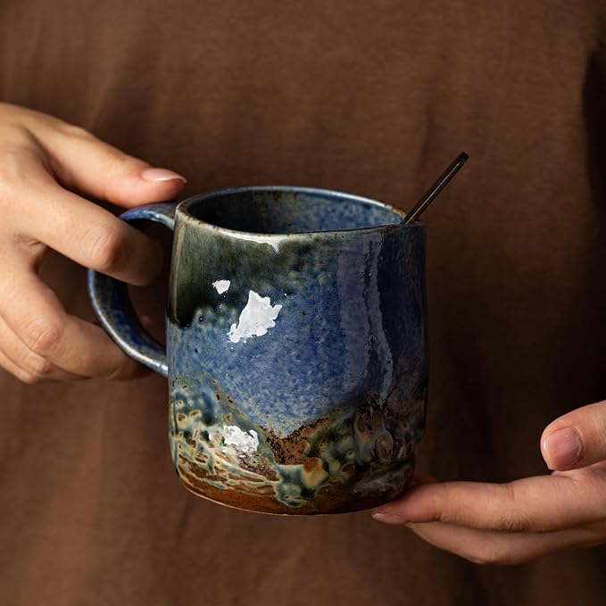 Handmade Ceramic Coffee Mugs, Mugs with Coffee Spoon, 11oz, Handmade Pottery Mug with Handle, Hand-painting, Unique Uneven Surface Tea cups, Dishwasher and Microwave Safe (Blue)